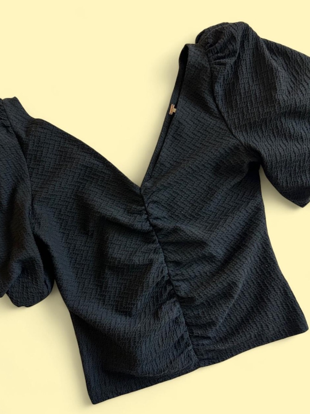 Free People | Black Textured V-Neck Puff Sleeve Top